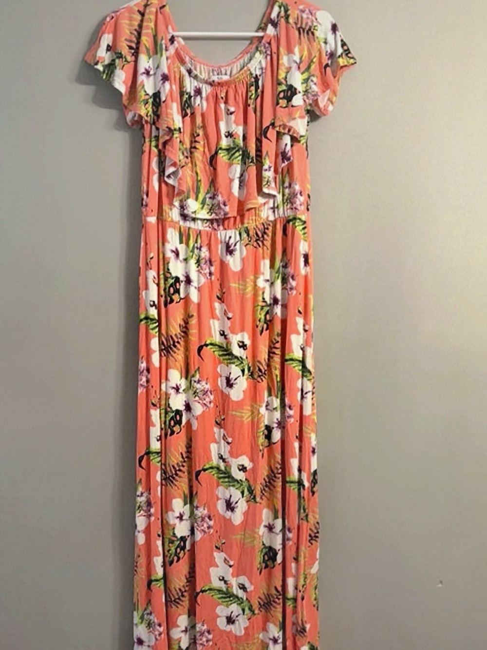 Women’s Coral Floral Maxi Dress with Ruffle Bodice